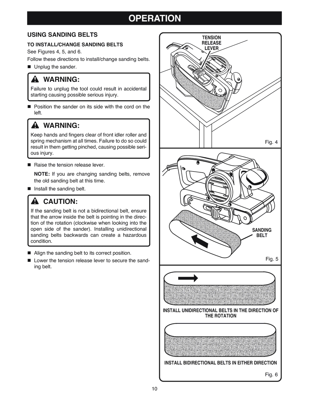 Ryobi BE318 manual Using Sanding Belts, To INSTALL/CHANGE Sanding Belts, See Figures 4, 5 