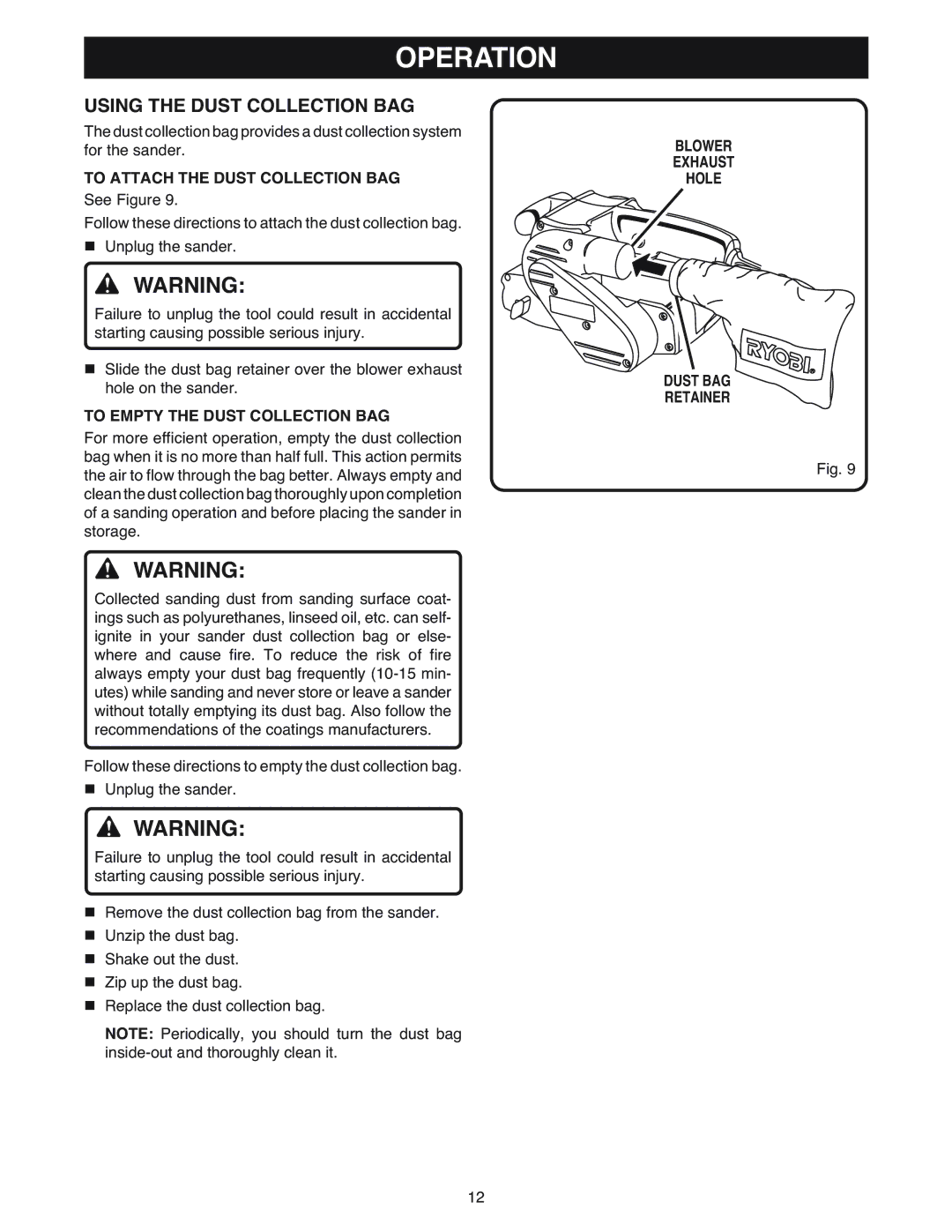 Ryobi BE318 manual Using the Dust Collection BAG, To Attach the Dust Collection BAG, To Empty the Dust Collection BAG 