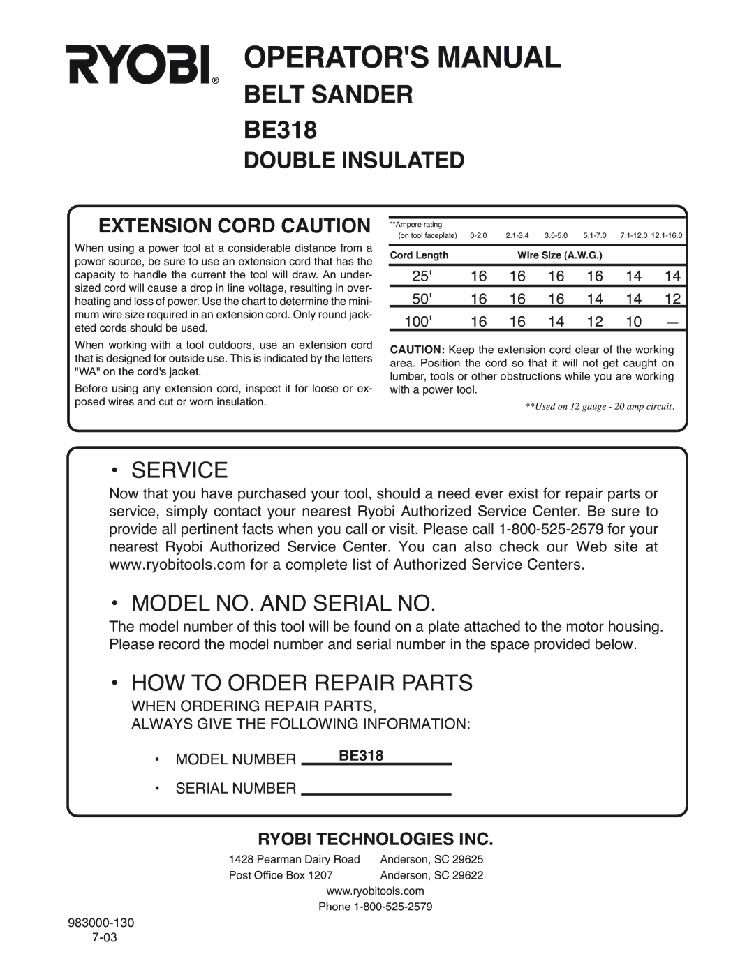 Ryobi BE318 manual Service Model NO. and Serial no 