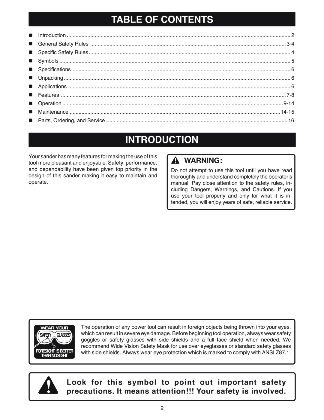 Ryobi BE318 manual Introduction, Table of Contents 