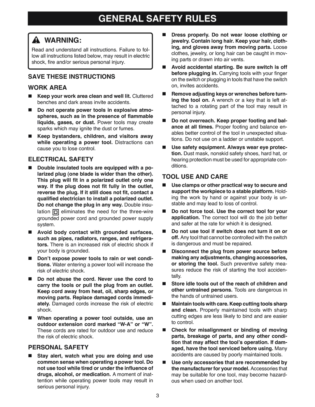 Ryobi BE318 manual General Safety Rules, Work Area, Electrical Safety, Personal Safety, Tool USE and Care 