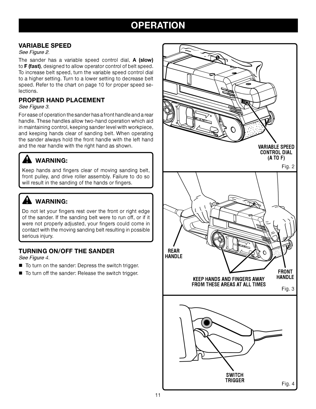 Ryobi BE321VS manual Variable Speed, Proper Hand Placement, Turning ON/OFF the Sander, To F 