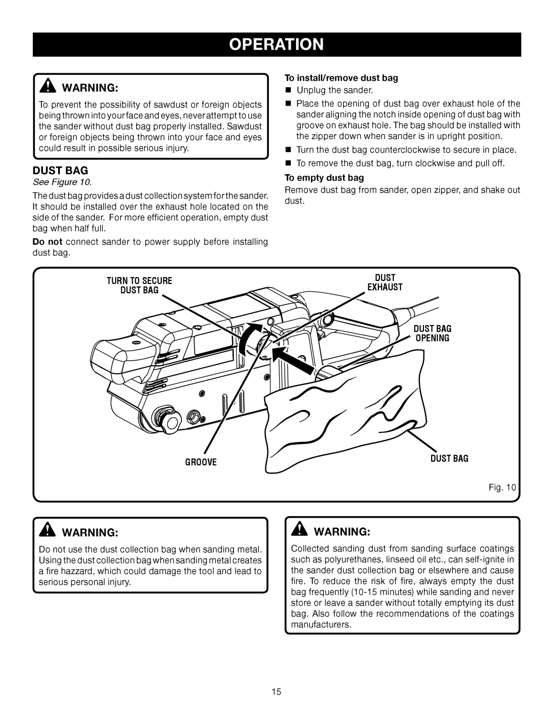 Ryobi BE321VS manual Dust BAG, To install/remove dust bag, To empty dust bag 