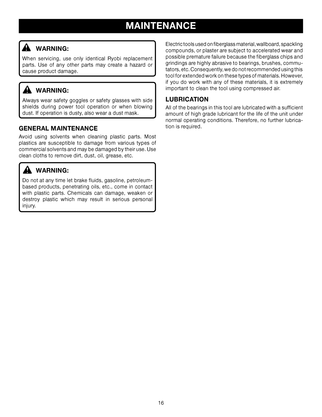 Ryobi BE321VS manual General Maintenance, Lubrication 