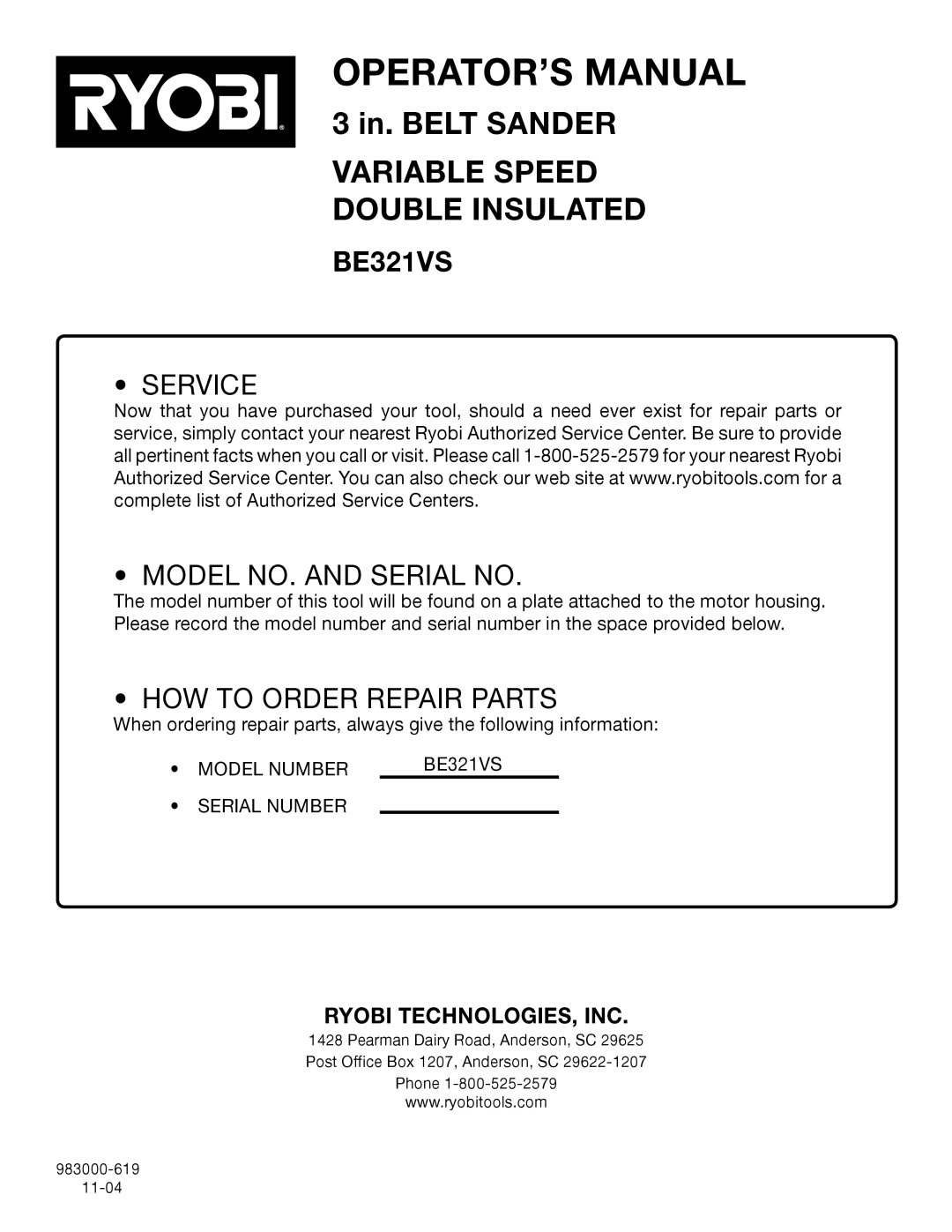 Ryobi BE321VS manual Service Model NO. and Serial no 