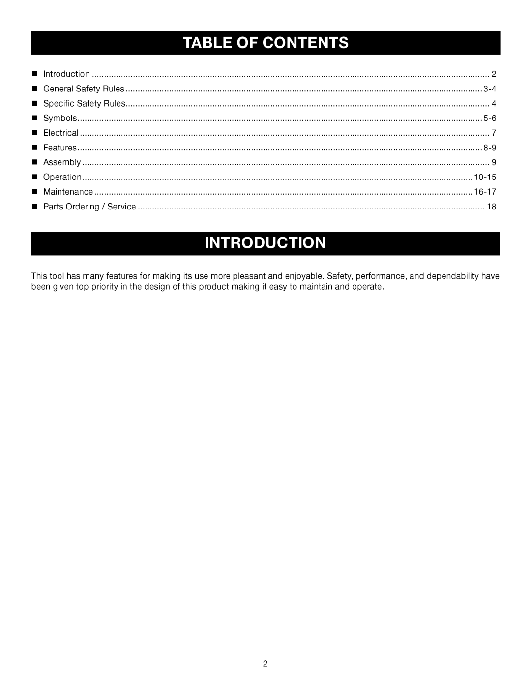 Ryobi BE321VS manual Introduction, Table of Contents 