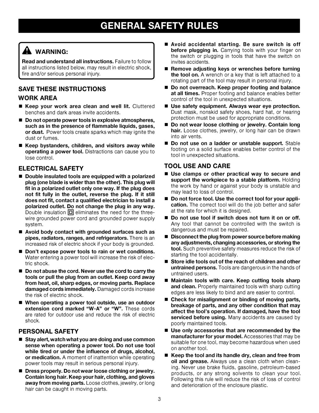 Ryobi BE321VS manual General Safety Rules, Work Area, Electrical Safety, Personal Safety, Tool USE and Care 