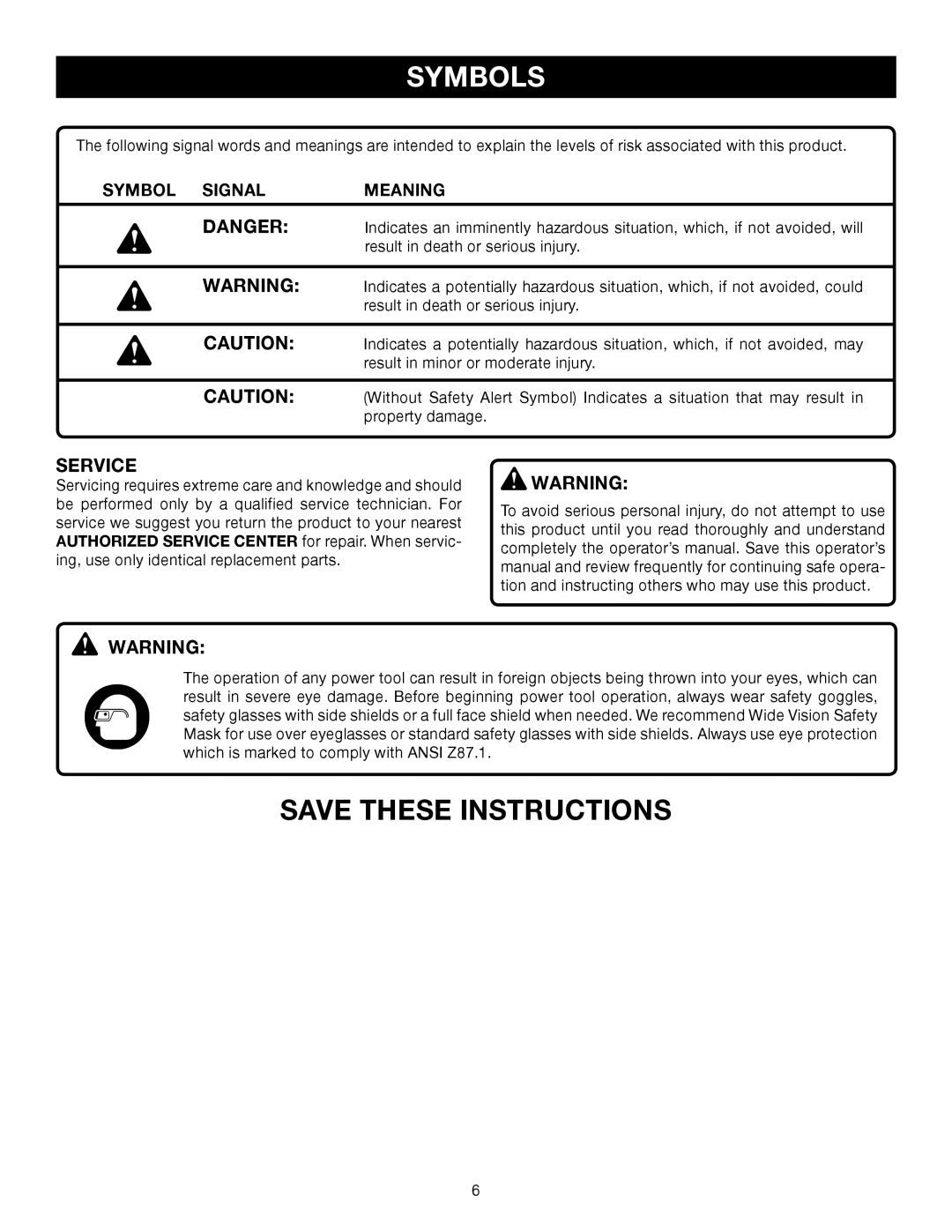 Ryobi BE321VS manual Symbol Signal Meaning 