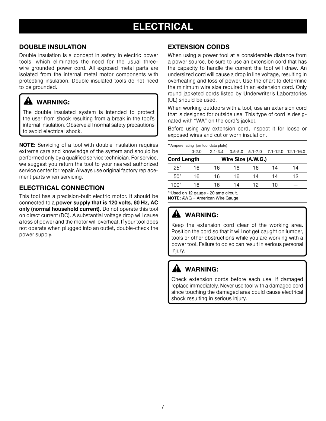 Ryobi BE321VS manual Double Insulation, Electrical Connection, Extension Cords, Cord Length Wire Size A.W.G 