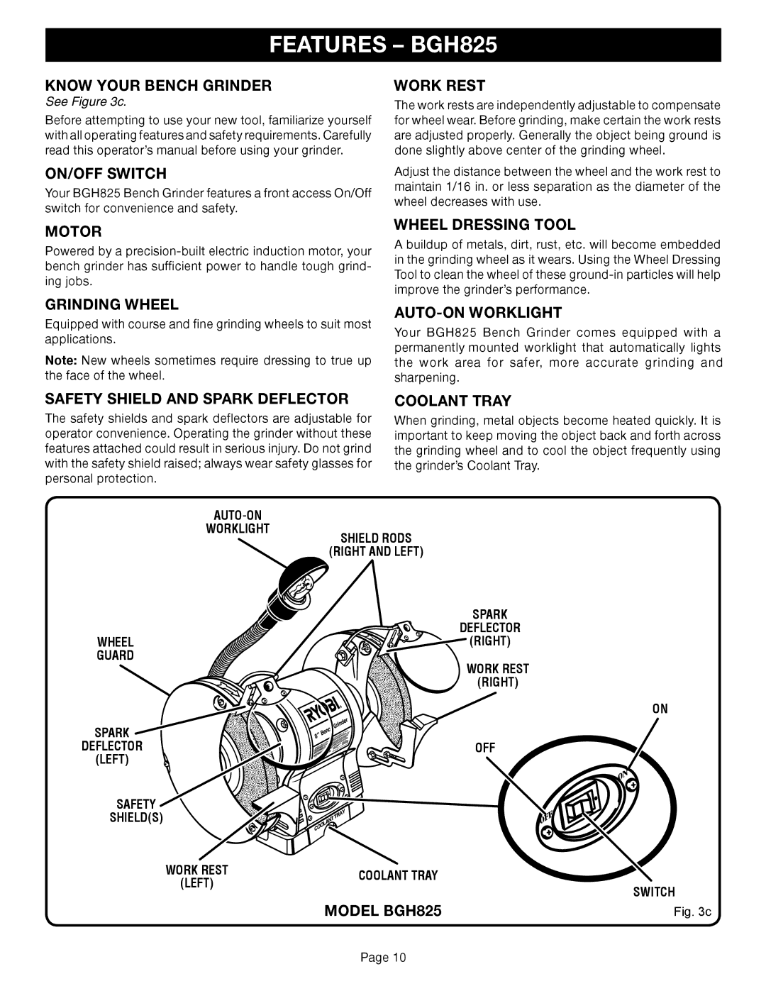 Ryobi BGH625, BGH615 warranty Features BGH825, Model BGH825, See c 