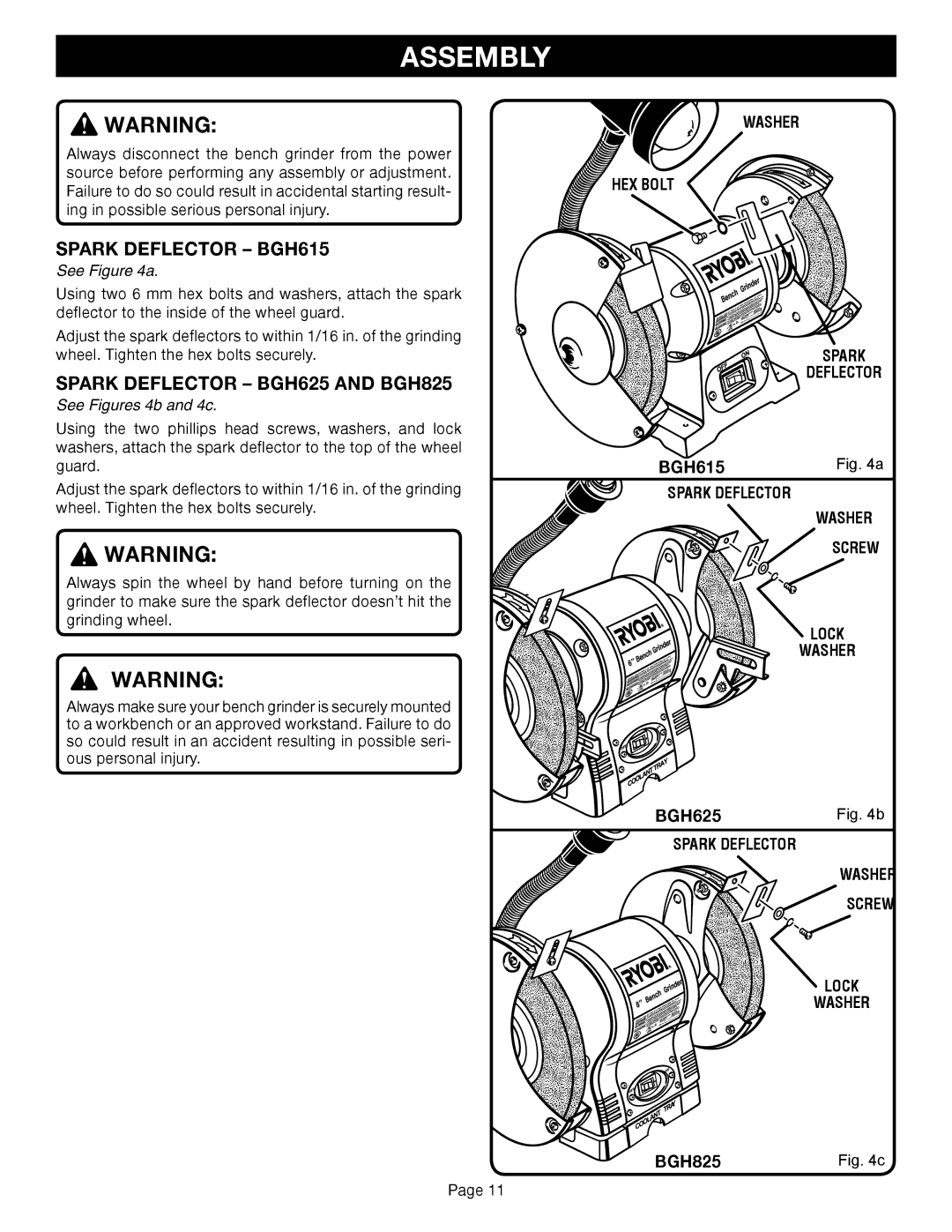 Ryobi warranty Assembly, Spark Deflector BGH615, Spark Deflector BGH625 and BGH825, See Figures 4b and 4c 