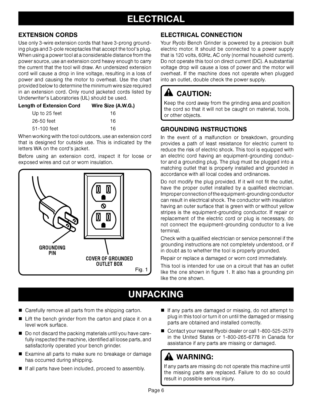 Ryobi BGH825, BGH625, BGH615 warranty Unpacking, Extension Cords, Electrical Connection, Grounding Instructions 