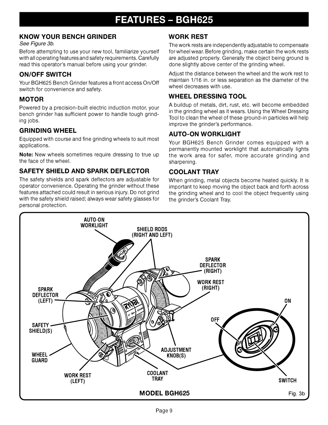 Ryobi BGH825, BGH615 warranty Features BGH625, Wheel Dressing Tool, AUTO-ON Worklight, Coolant Tray, Model BGH625 