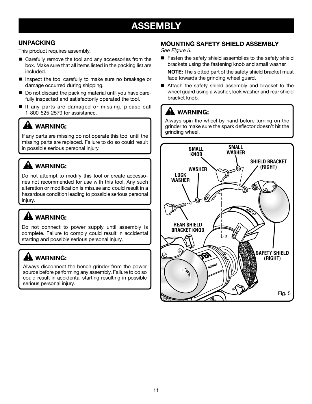 Ryobi BGH616, BGH827 manual Unpacking, Mounting Safety Shield Assembly 