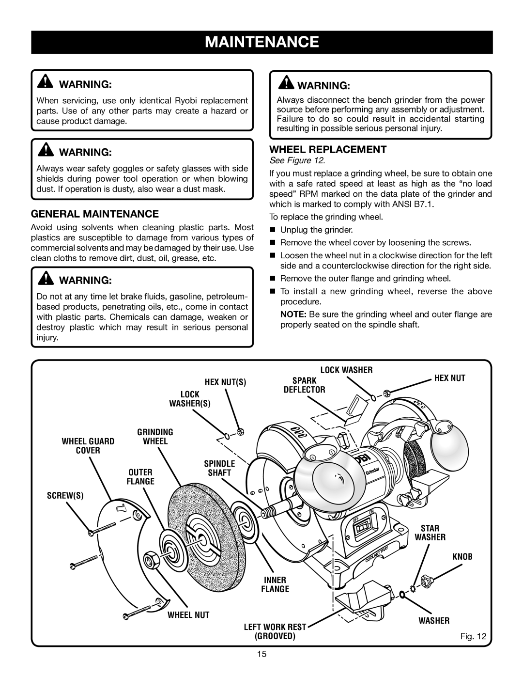 Ryobi BGH616, BGH827 manual General Maintenance, Wheel Replacement 