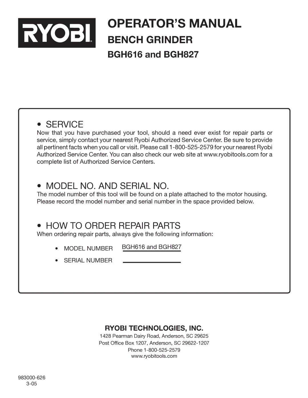 Ryobi BGH827, BGH616 manual Service Model NO. and Serial no 