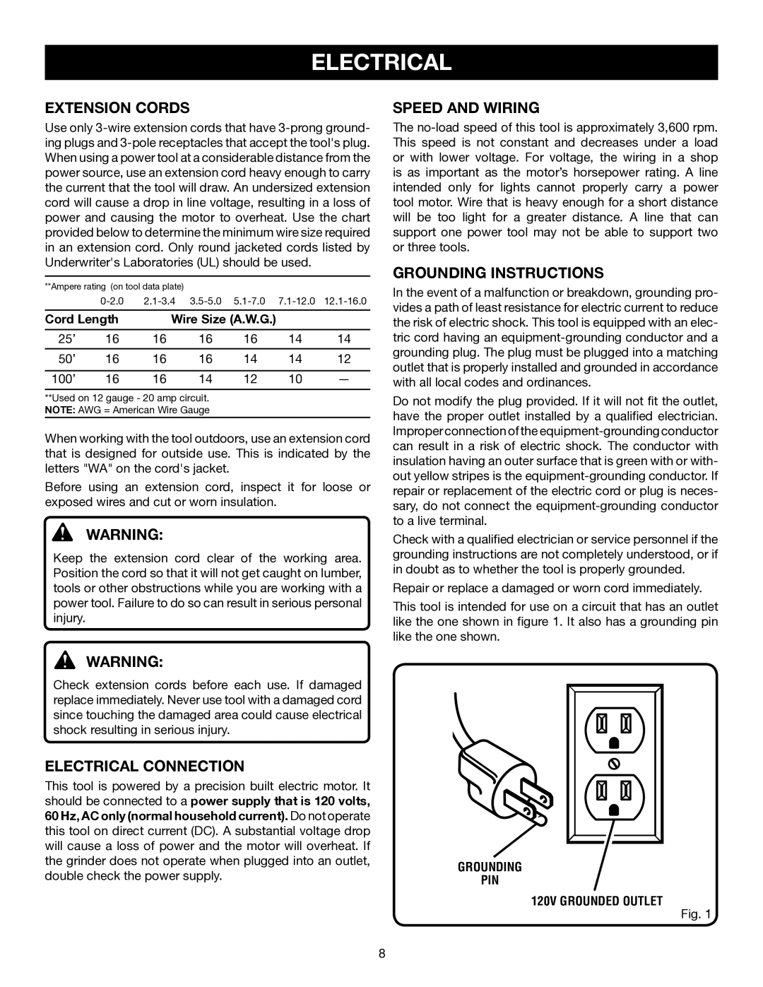 Ryobi BGH827, BGH616 manual Extension Cords, Electrical Connection, Speed and Wiring, Grounding Instructions 