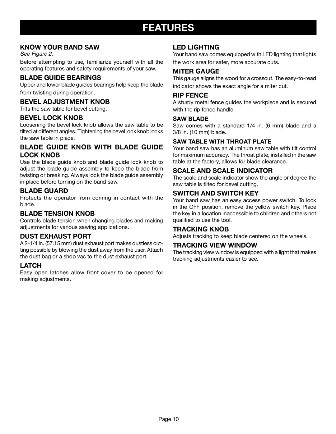 Ryobi BS1001SV manual Know Your Band SAW, Blade Guide Bearings, Bevel Adjustment Knob, Bevel Lock Knob, Blade Guard, Latch 