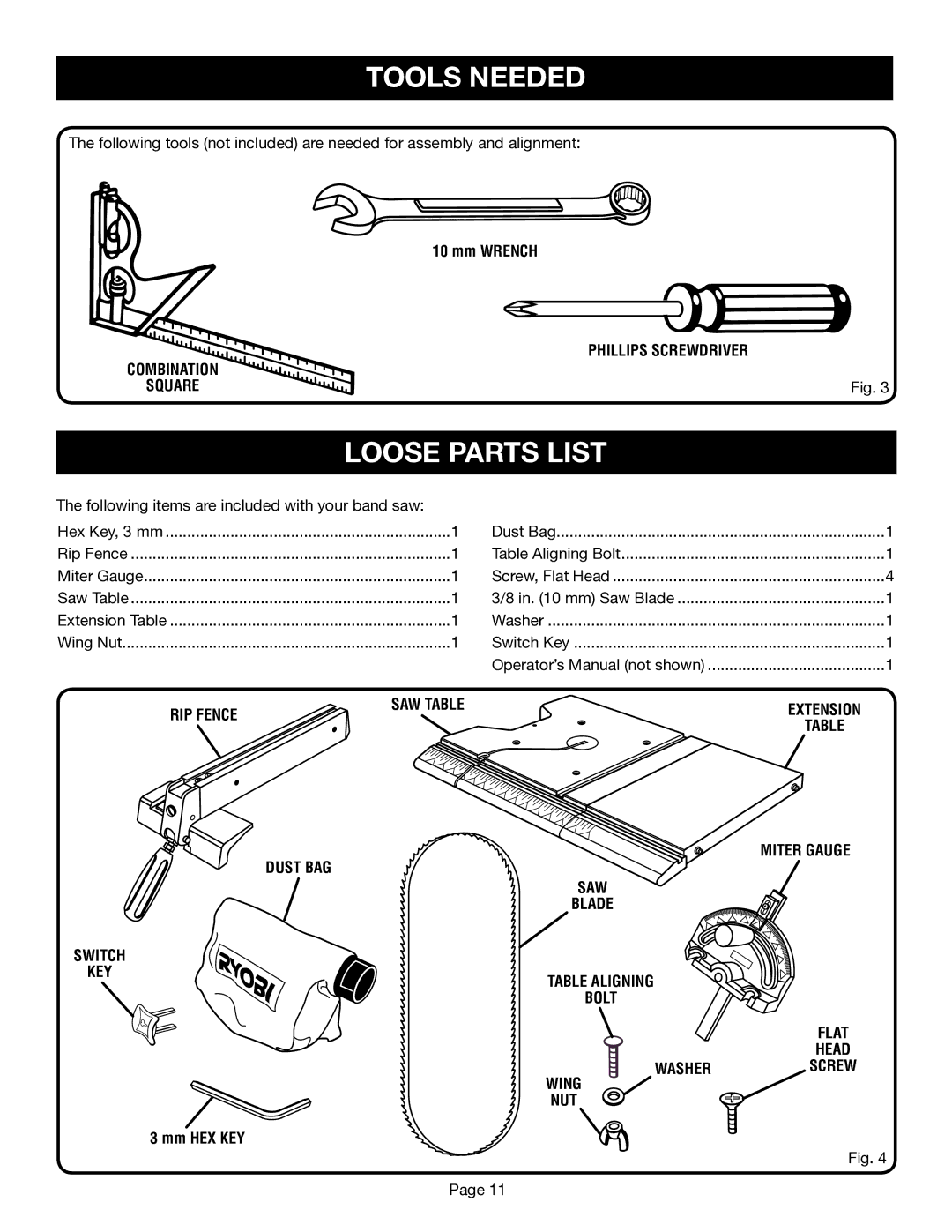 Ryobi BS1001SV manual Tools Needed, Loose Parts List, Phillips Screwdriver, RIP Fence SAW Table, Washerscrew 