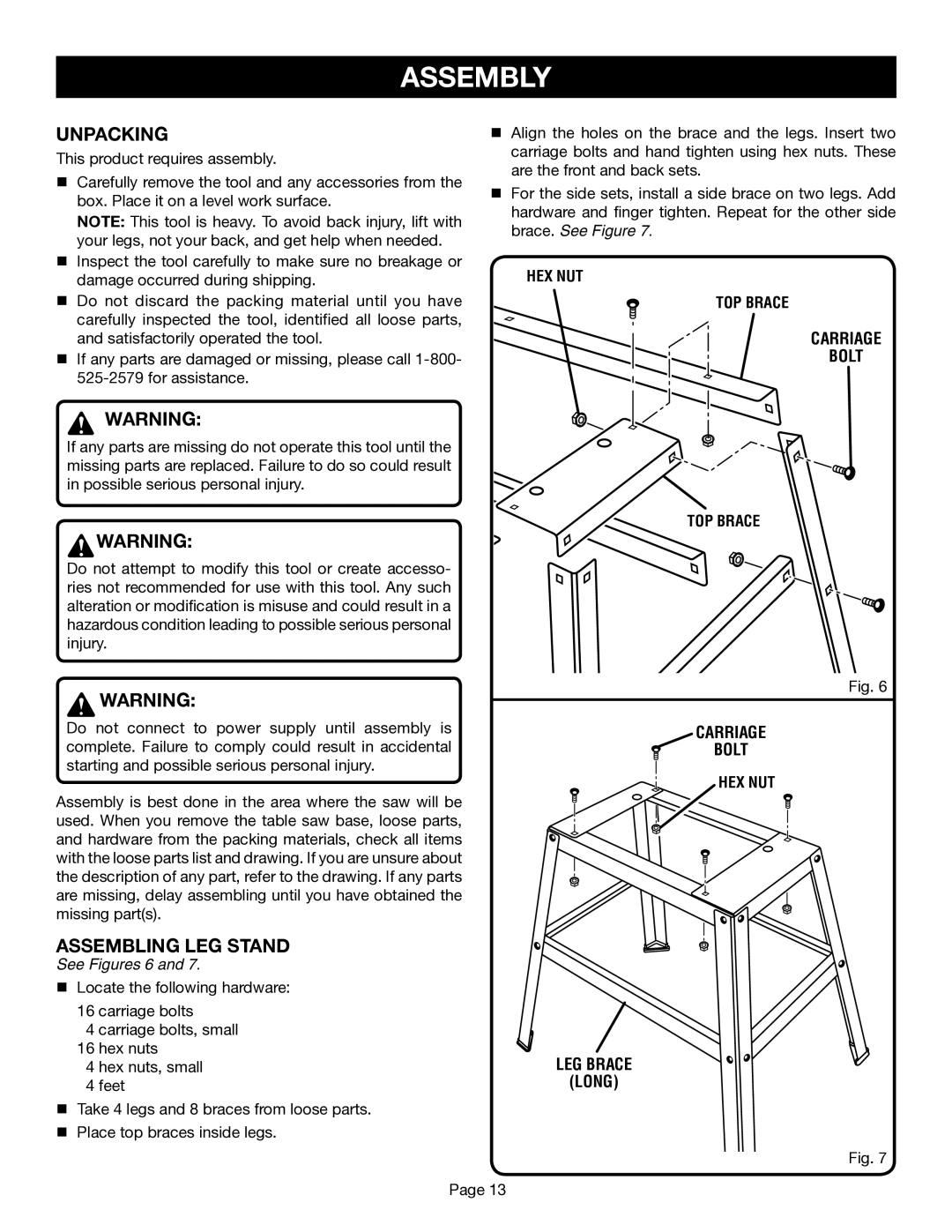 Ryobi BS1001SV manual Assembly, Unpacking, Assembling LEG Stand, HEX NUT TOP Brace, See Figures 6 