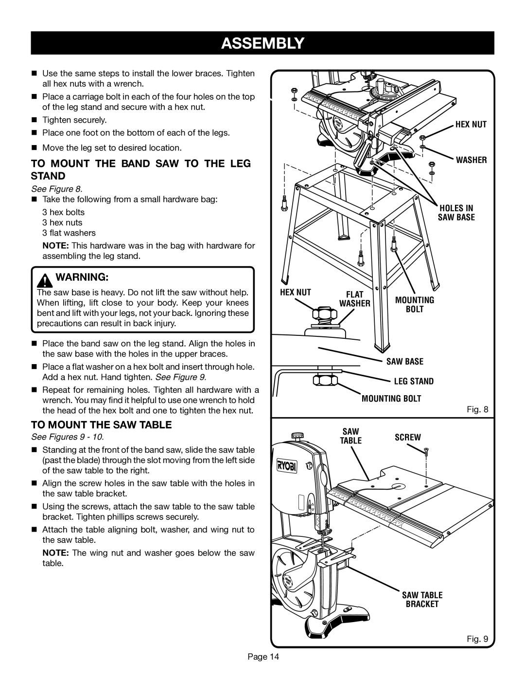 Ryobi BS1001SV manual To Mount the Band SAW to the LEG Stand, To Mount the SAW Table, HEX NUT Washer Holes SAW Base 