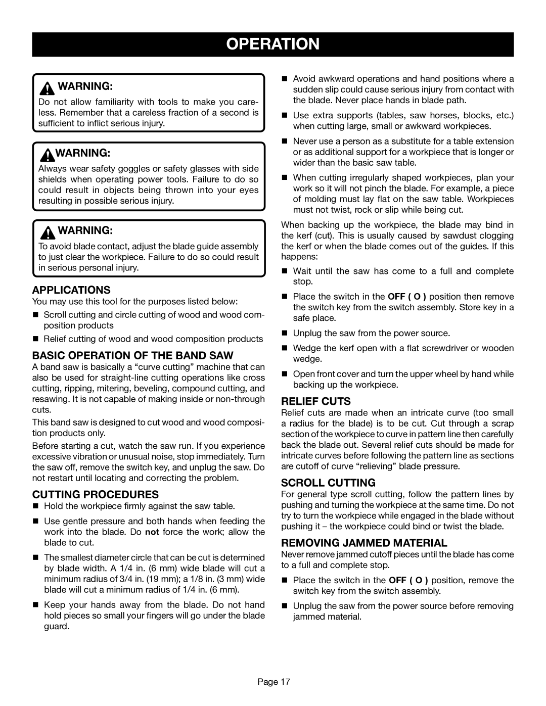 Ryobi BS1001SV manual Operation 