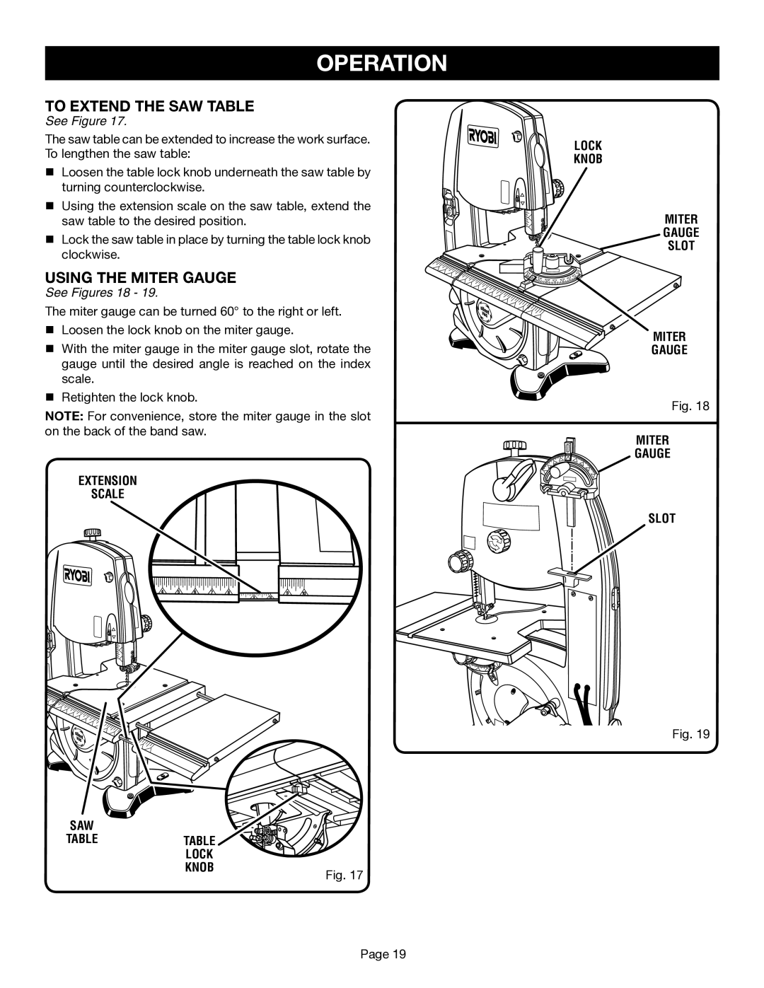 Ryobi BS1001SV To Extend the SAW Table, Using the Miter Gauge, See Figures 18, Extension Scale, Lock Knob Miter Gauge Slot 