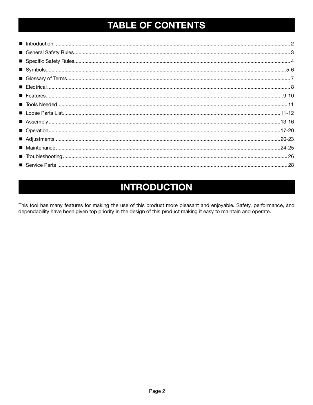 Ryobi BS1001SV manual Introduction, Table of Contents 