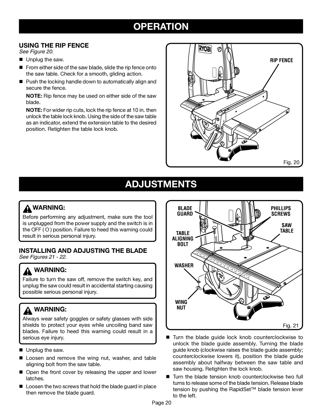 Ryobi BS1001SV manual Adjustments, Using the RIP Fence, Installing and Adjusting the Blade, Wing NUT 