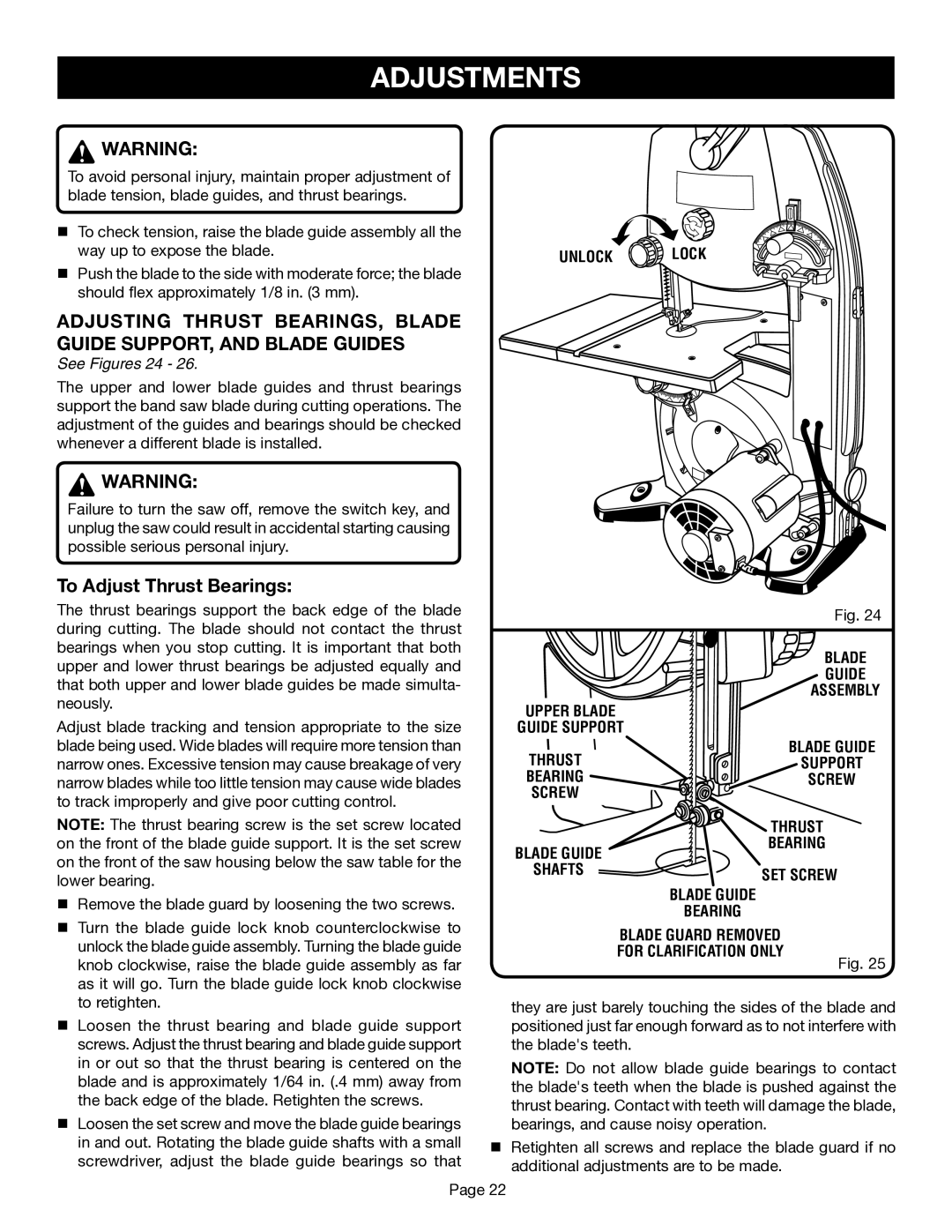 Ryobi BS1001SV manual See Figures 24, Unlock Lock, Guide Support, Shafts SET Screw 