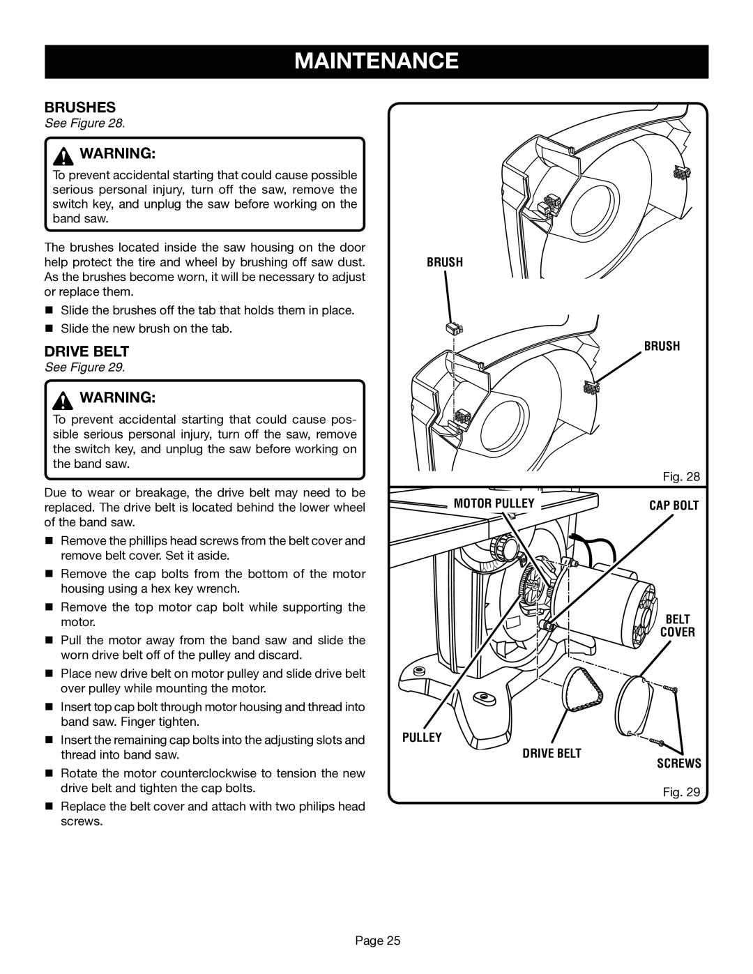 Ryobi BS1001SV manual Brushes, Brush Motor Pulley, Pulley Drive Belt Cover Screws 