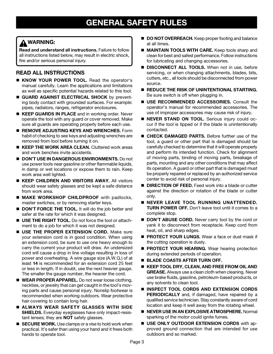 Ryobi BS1001SV manual General Safety Rules, Read ALL Instructions 