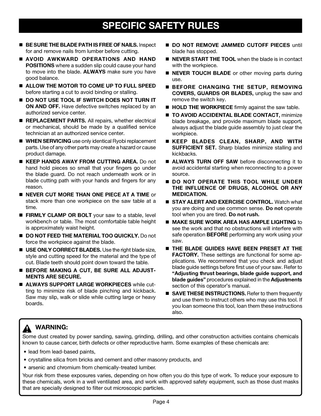 Ryobi BS1001SV manual Specific Safety Rules 