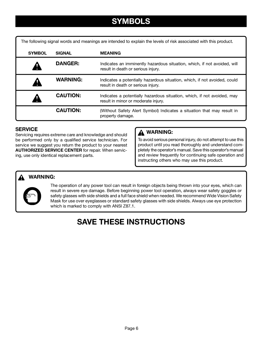 Ryobi BS1001SV manual Service, Symbol Signal Meaning 