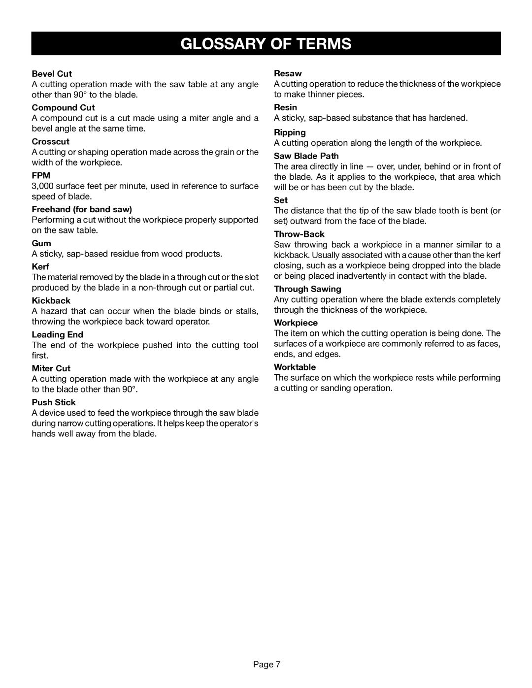 Ryobi BS1001SV manual Glossary of Terms, Fpm 