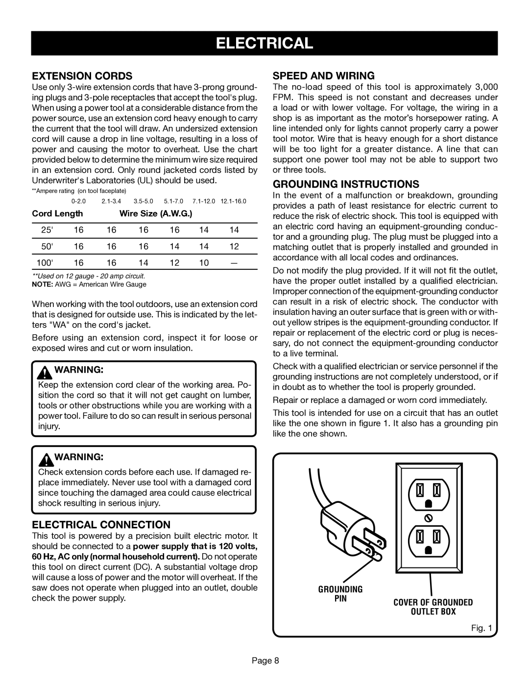 Ryobi BS1001SV manual Extension Cords, Speed and Wiring, Grounding Instructions, Electrical Connection 