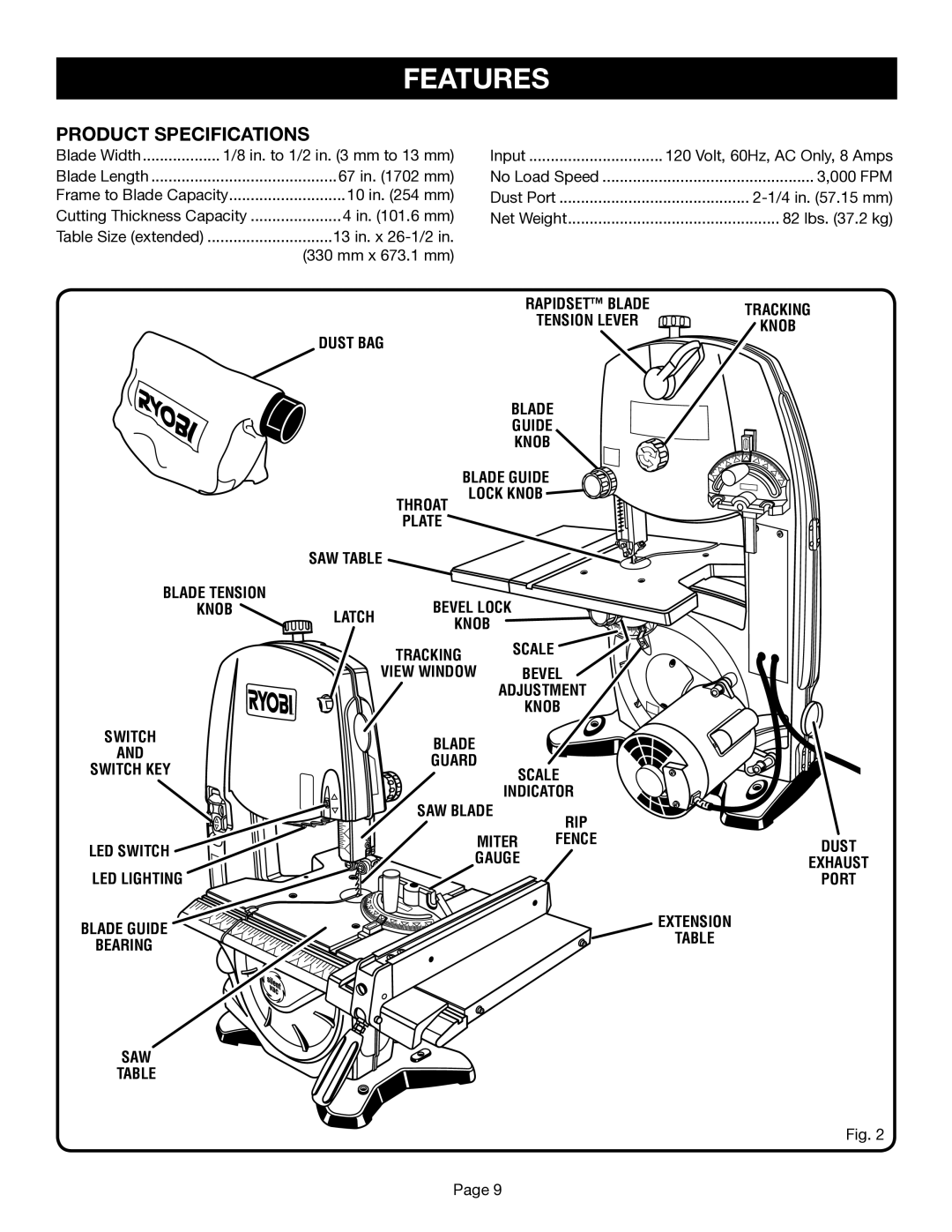 Ryobi BS1001SV manual Features, Product Specifications 