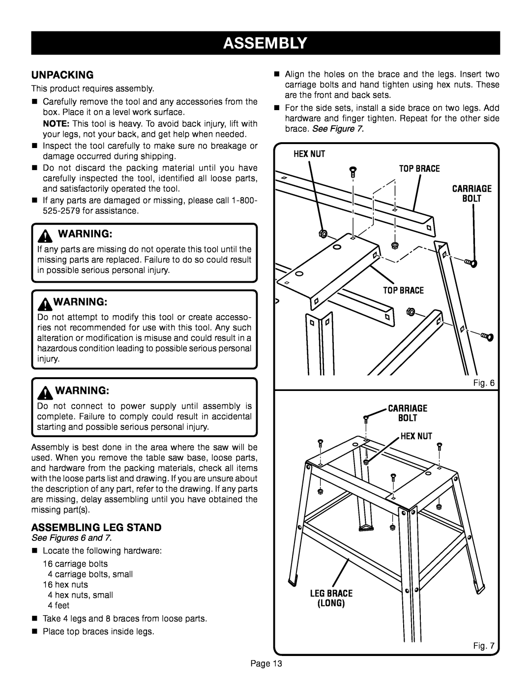 Ryobi BS1001SV manual Assembly, Carriage Bolt, Leg Brace Long, Hex Nut Top Brace, See Figures 6 and 