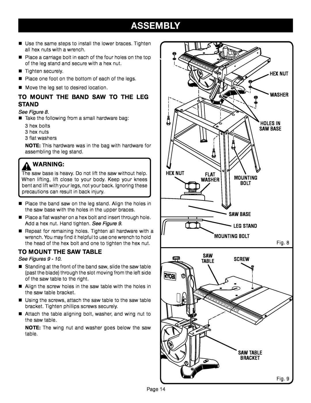 Ryobi BS1001SV manual Assembly, Hex Nut Washer Holes In Saw Base, Saw Base Leg Stand Mounting Bolt, See Figures 9 