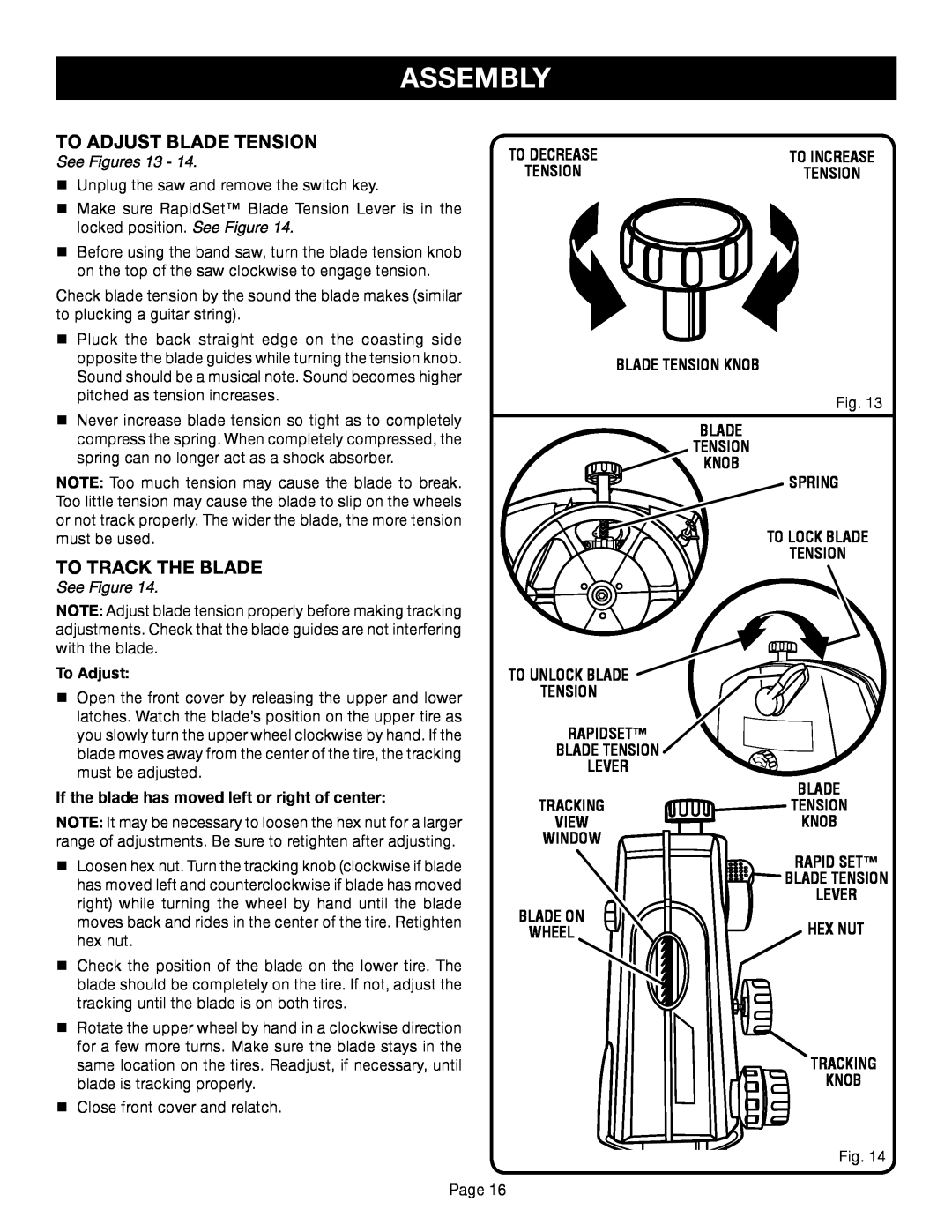 Ryobi BS1001SV manual Assembly, See Figures 13, Blade Tension Knob Spring To Lock Blade Tension, To Adjust 