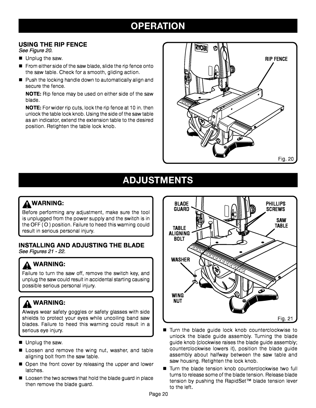 Ryobi BS1001SV manual Adjustments, Operation, Rip Fence, See Figures 21, Blade, Guard, Bolt, Wing Nut 