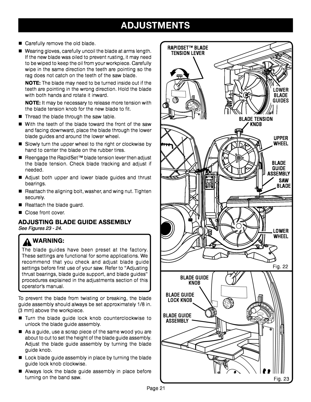 Ryobi BS1001SV Adjustments, Rapidset Blade Tension Lever, Lower Blade Guides Blade Tension Knob Upper Wheel Blade Guide 