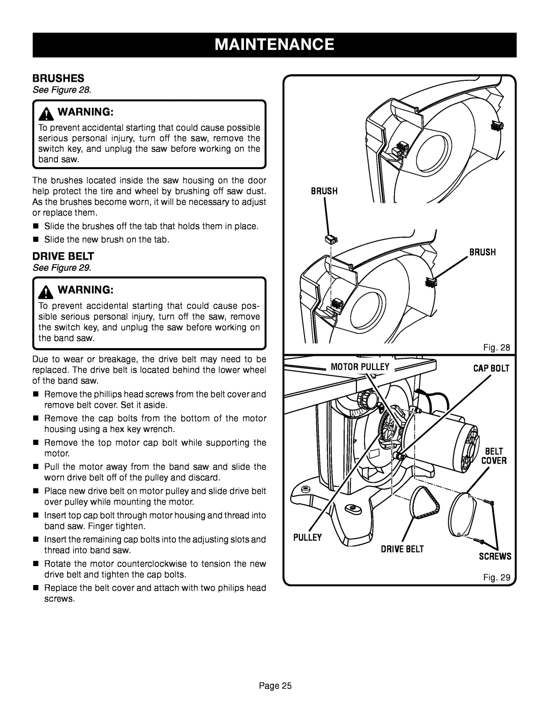 Ryobi BS1001SV manual Maintenance, See Figure, Brush Brush, Motor Pulley, Pulley Drive Belt, Belt Cover Screws 