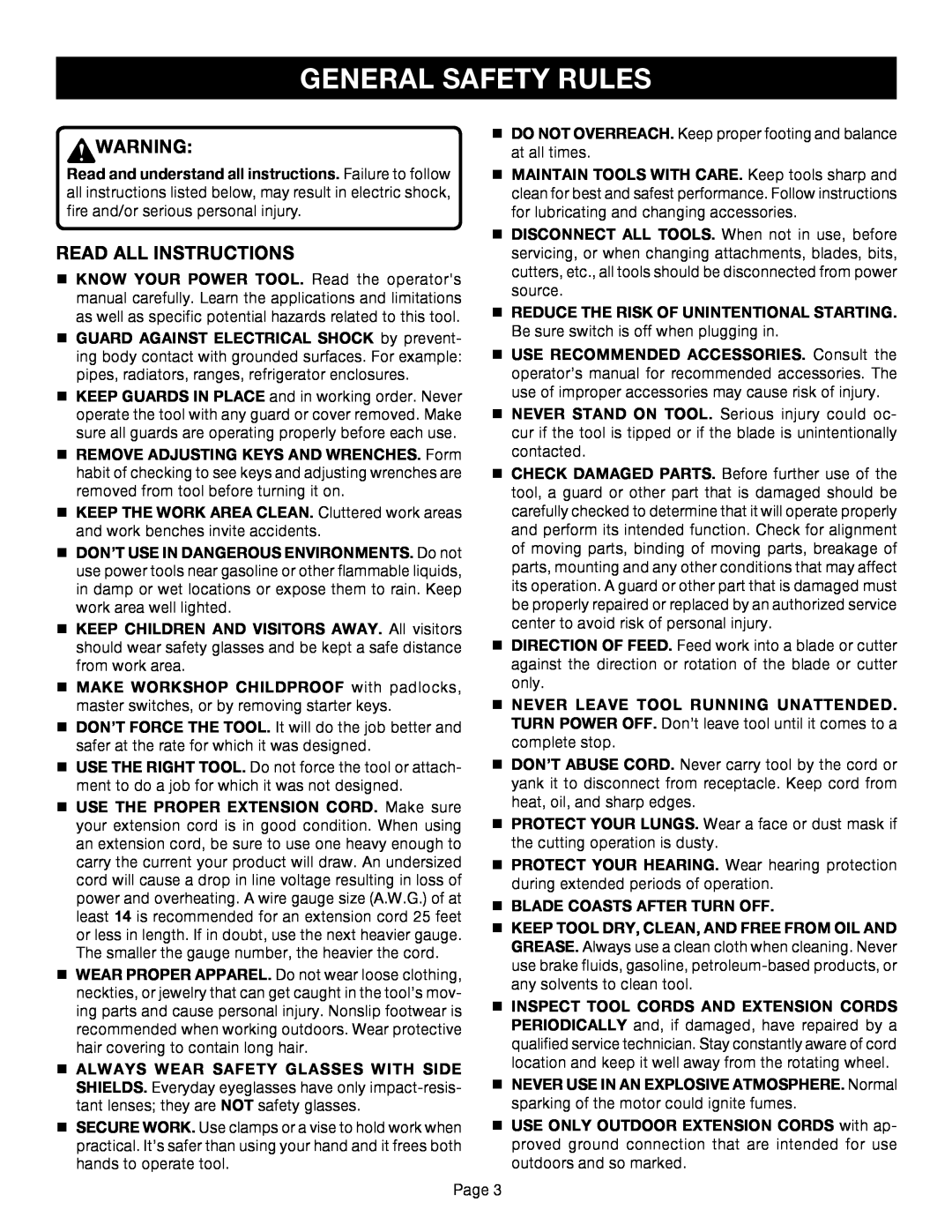 Ryobi BS1001SV manual General Safety Rules, Read All Instructions, n BLADE COASTS AFTER TURN OFF 
