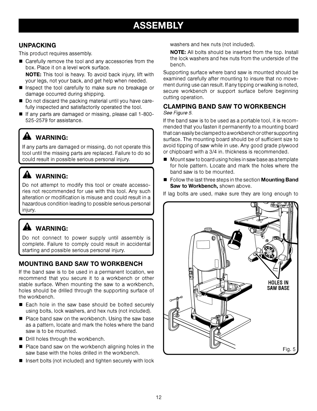 Ryobi BS902 manual Assembly, Unpacking, Mounting Band SAW to Workbench, Clamping Band SAW to Workbench, See Figure 