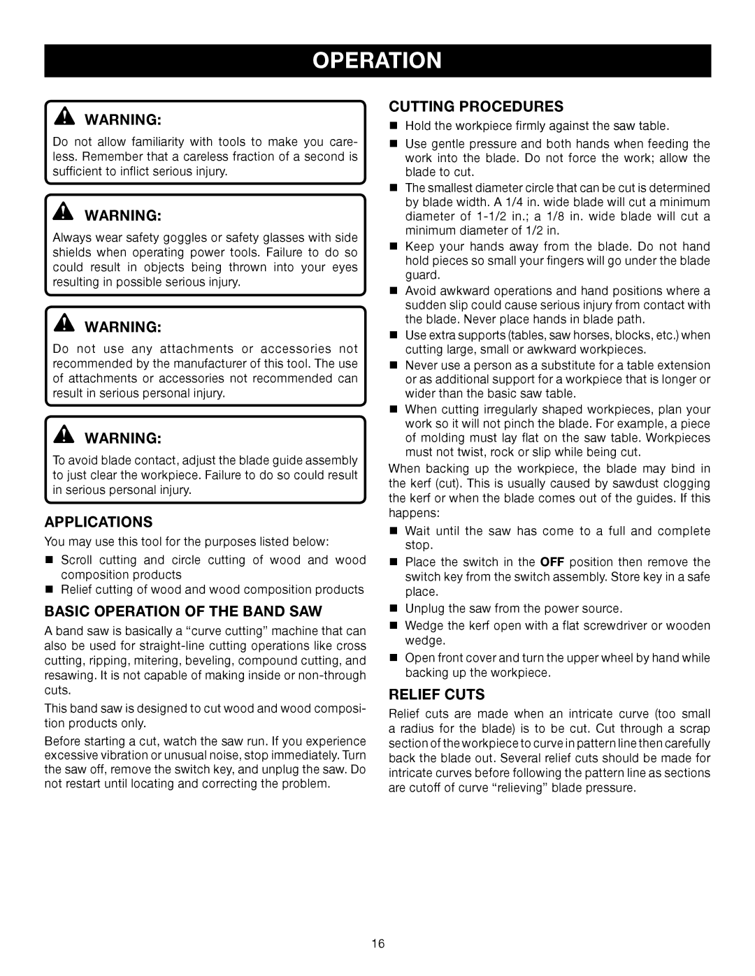 Ryobi BS902 manual Applications, Basic Operation of the Band SAW, Cutting Procedures, Relief Cuts 