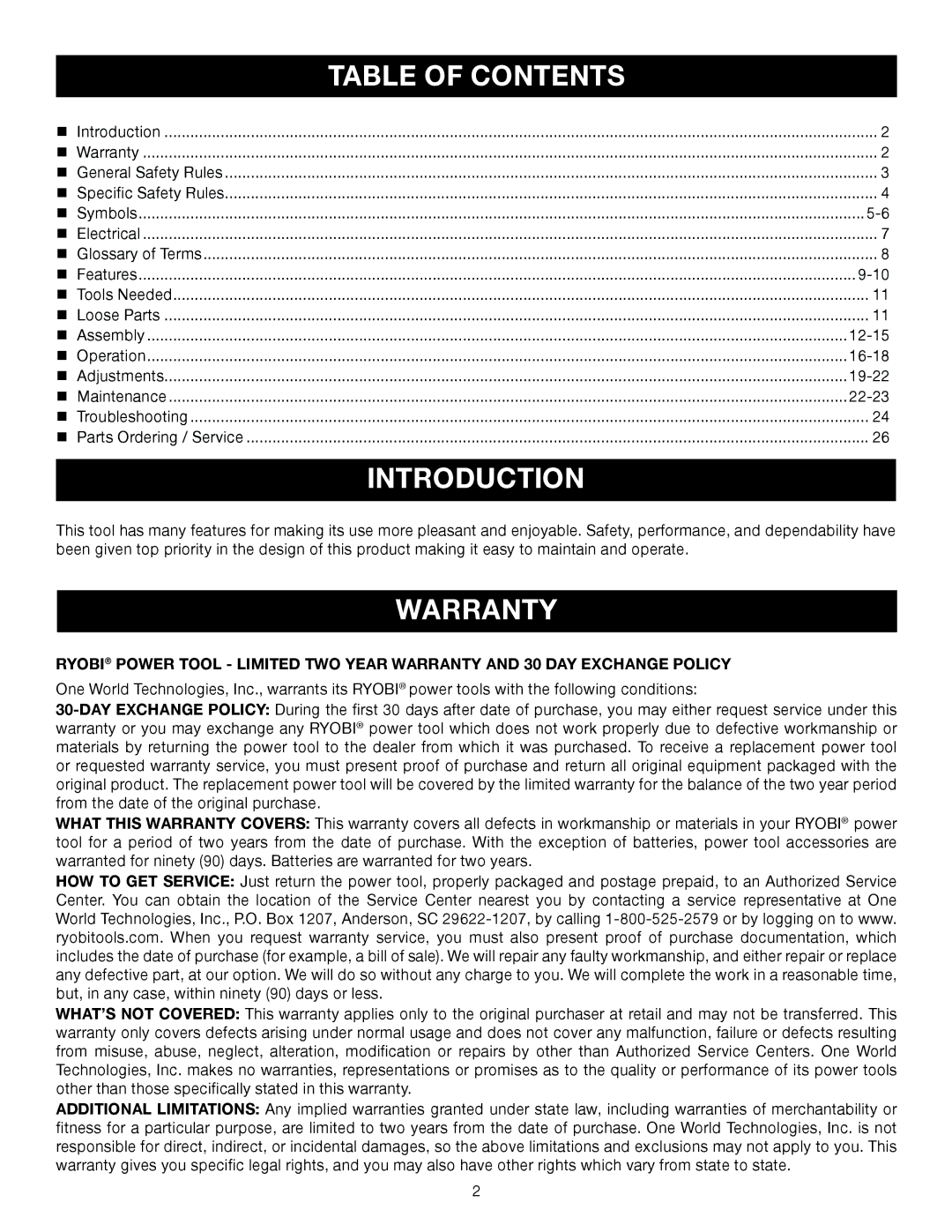 Ryobi BS902 manual Introduction, Warranty 