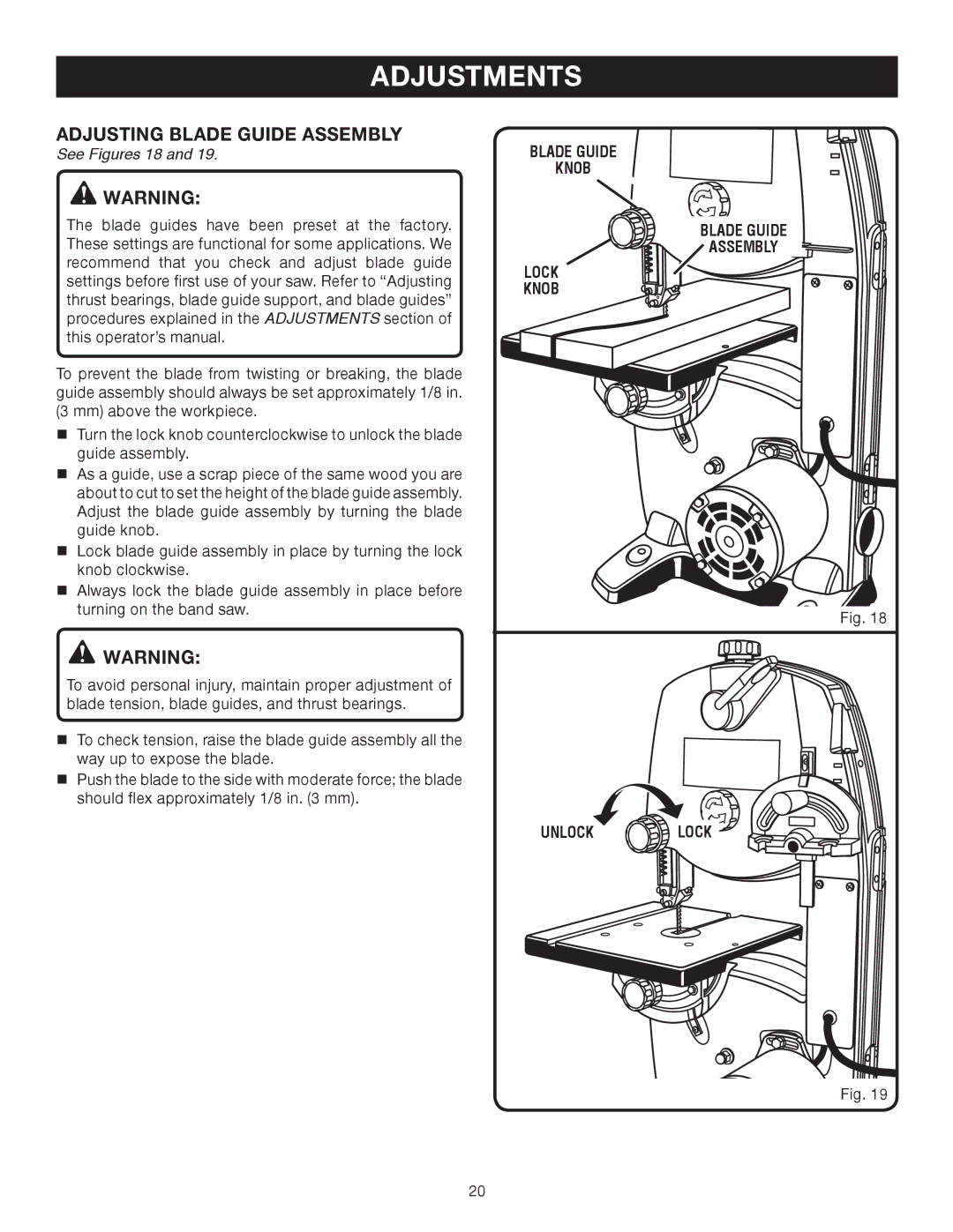 Ryobi BS902 manual Adjusting Blade Guide Assembly, See Figures 18, Blade Guide Knob Assembly Lock Unlock Lock 