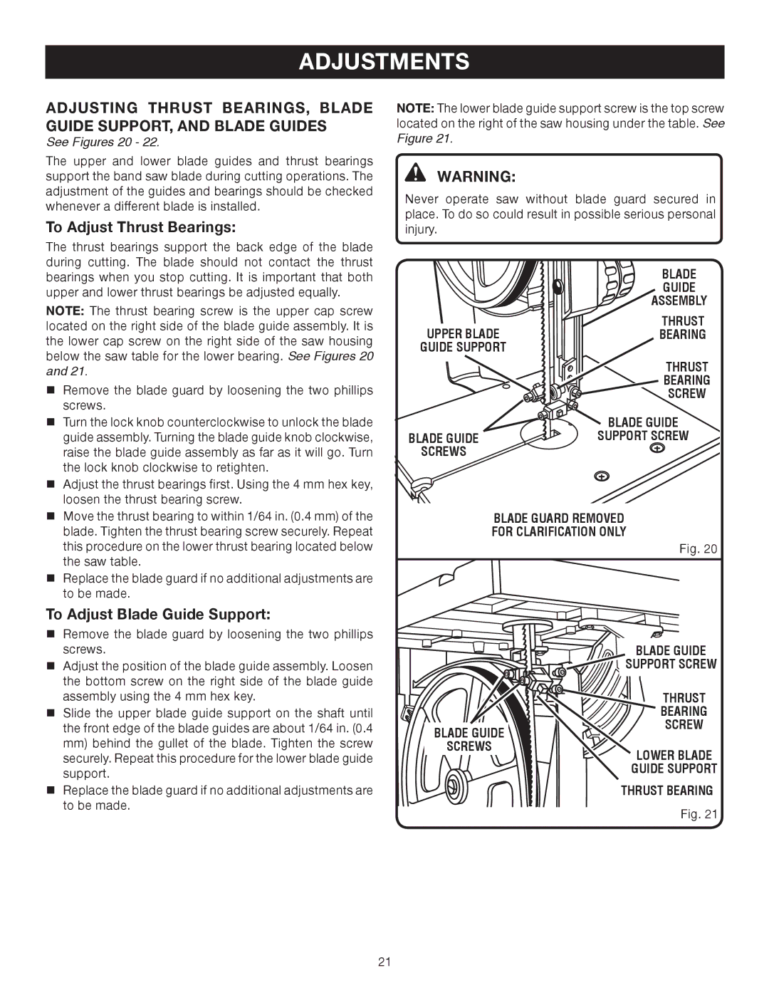 Ryobi BS902 manual See Figures 20, Blade Guard Removed For Clarification only 