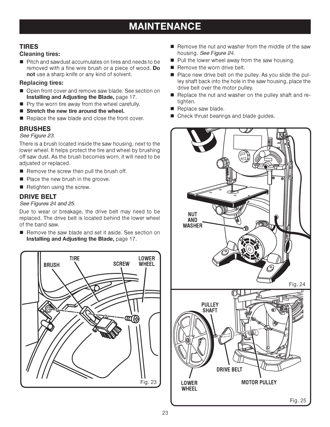 Ryobi BS902 manual Tires, Brushes, Drive Belt, See Figures 24 